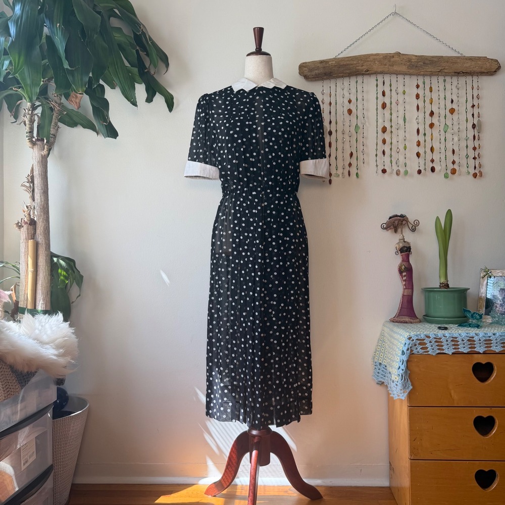 Vintage 70s Nipon Boutique Polka Dot Chiffon Maxi Dress Twee Retro Black White 8